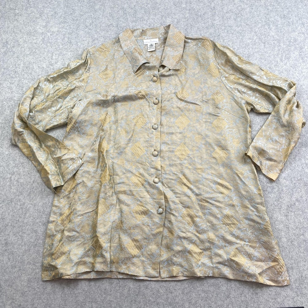 Soft Surroundings Blouse Womens XL Gold Floral Jacquard Button Long Sleeve Tunic